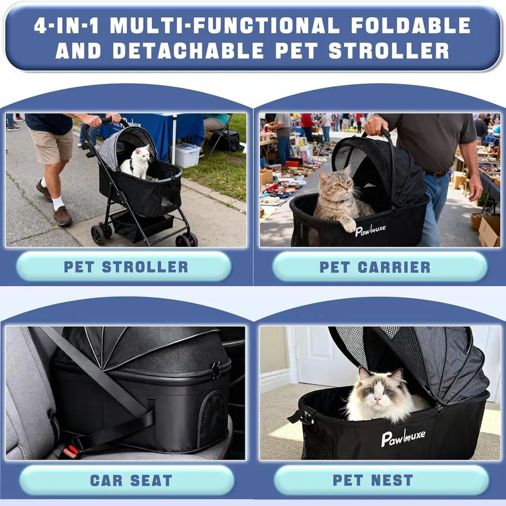 4-in-1 Pet Stroller for Dogs and Cats up to 55 lbs, Detachable Carrier, Easy Folding, Breathable Mesh, Black