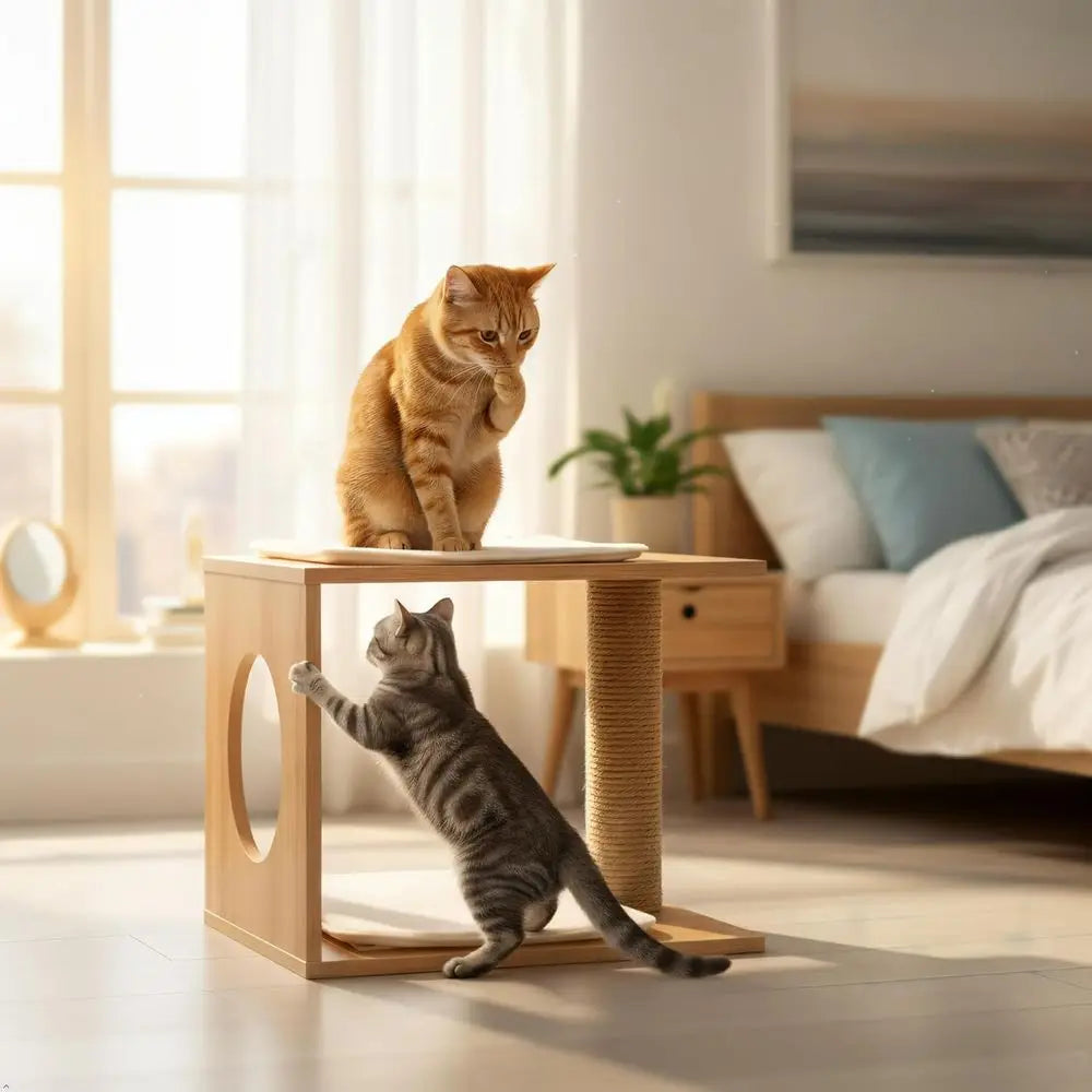 Indoor Wooden Cat Tree with Scratching Post, Cozy Bed, and Elevated Perch for Small Spaces