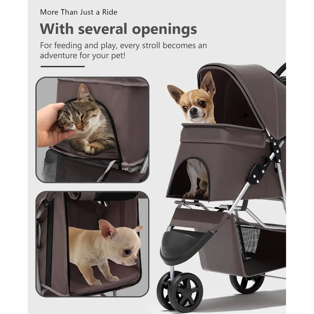 3-Wheel Pet Stroller for Small/Medium Dogs & Cats, Portable Travel Carrier with Rear Brake, Storage Basket, Mesh Visibility, and