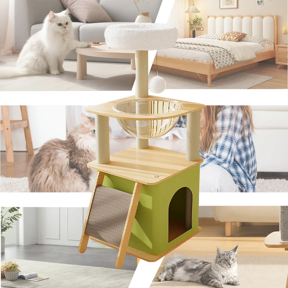 Green Cat Tree W/ Plush Jumping Platform Hanging Ball Cat Climbing Frame Cat Tree Tower Cat Scratching Posts for Indoor Cats