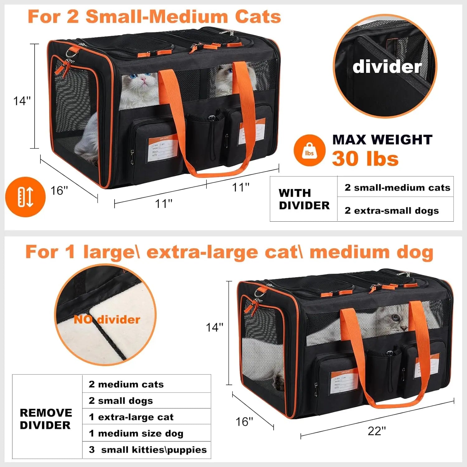 22'' x 16'' x 14'' Large Double Pet Carrier for Cats and Car Travel, Removable Divider, Top Loading, Pockets