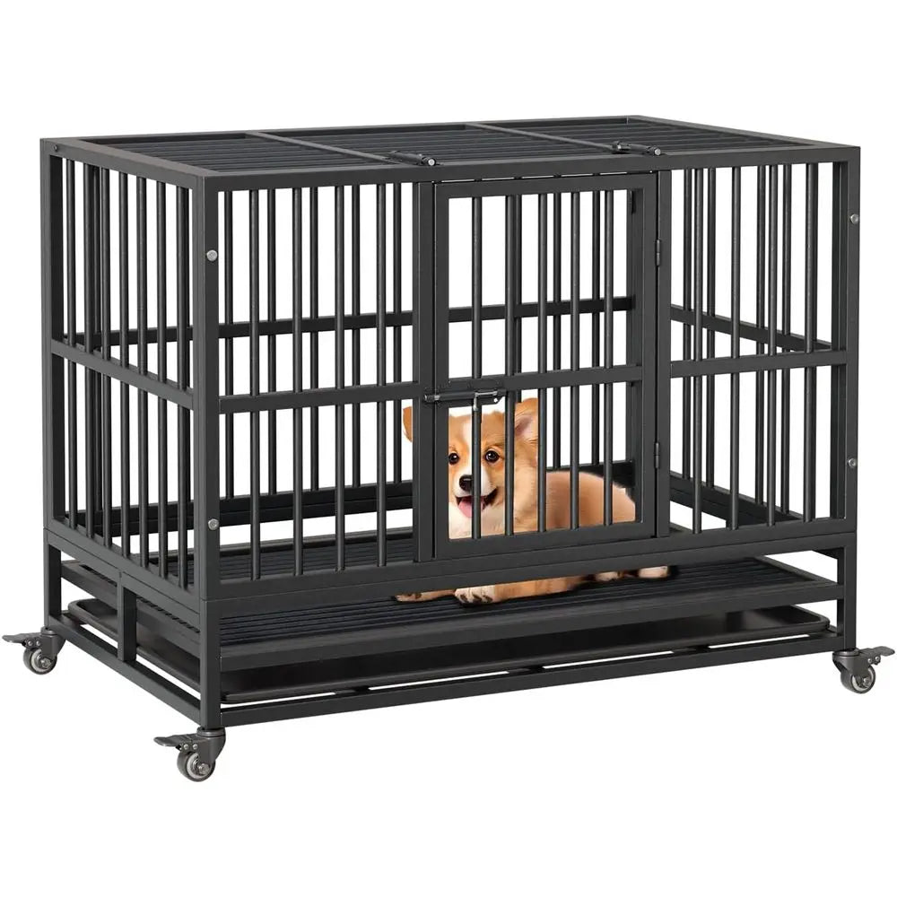 37 Heavy-Duty Dog Crate, Double-Door, 360° Wheels, Removable Tray, Easy Assembly for Small to Large Dogs