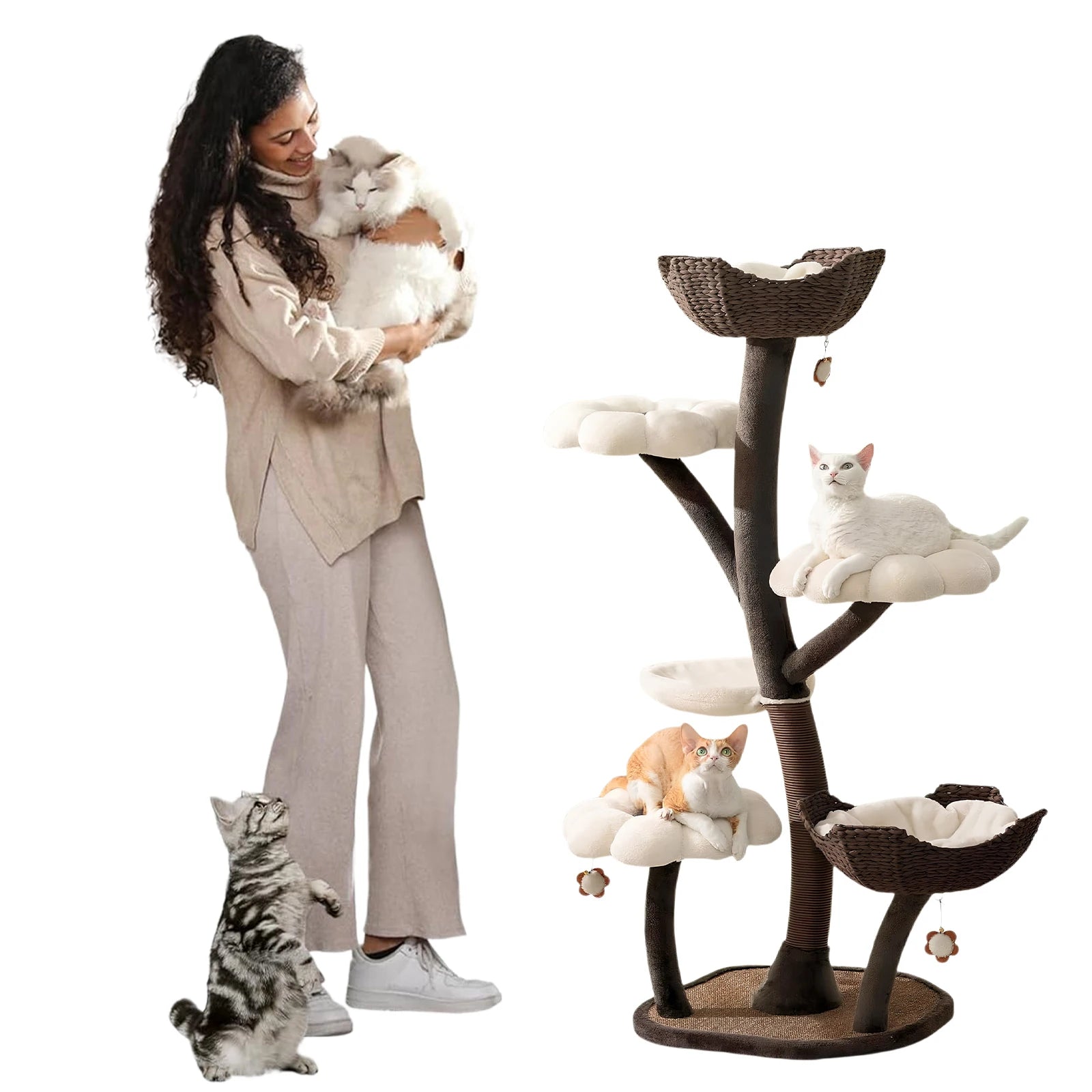 59In Handwoven Cat Tower Baskets with Scratching Posts Flower Shaped Cat Special Shelf Dtachable for Large & Multi-Cat Homes