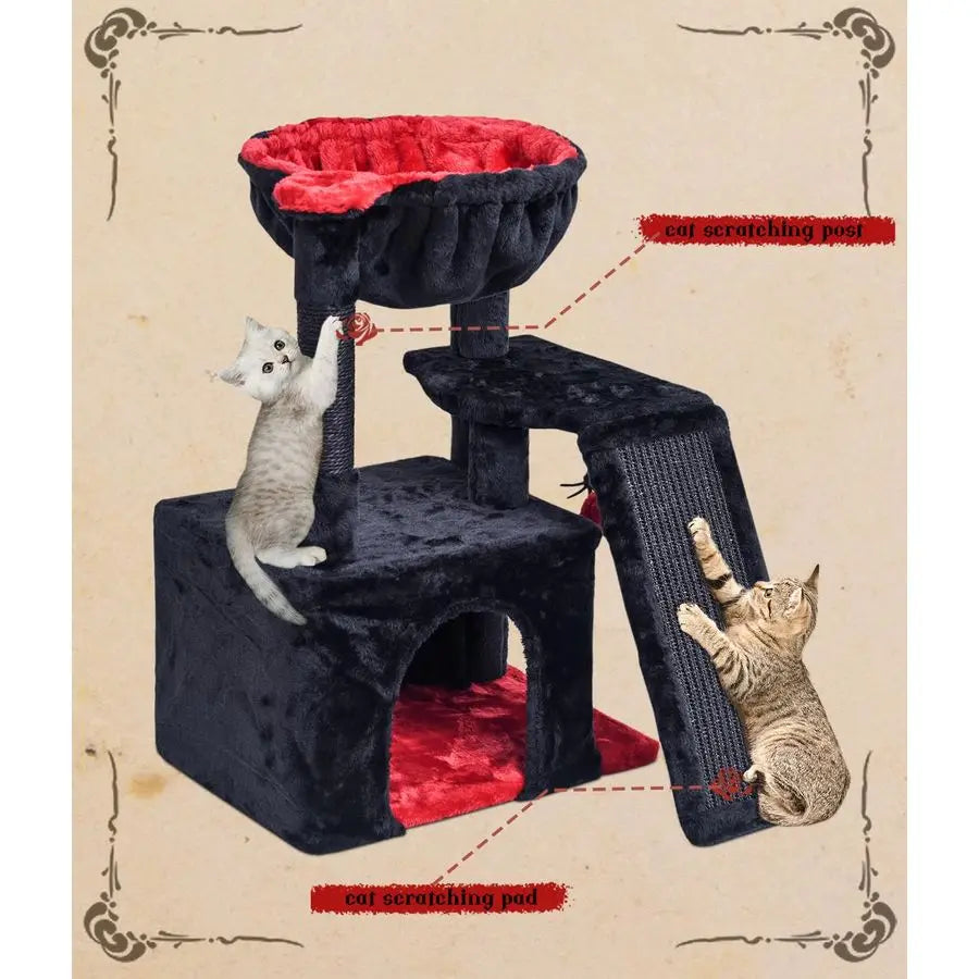 Gothic Cat Tree for Indoor Cats Large Adult, Modern Activity Tower with Scratching Posts amp Board, Condo with Plush Perch, Crad