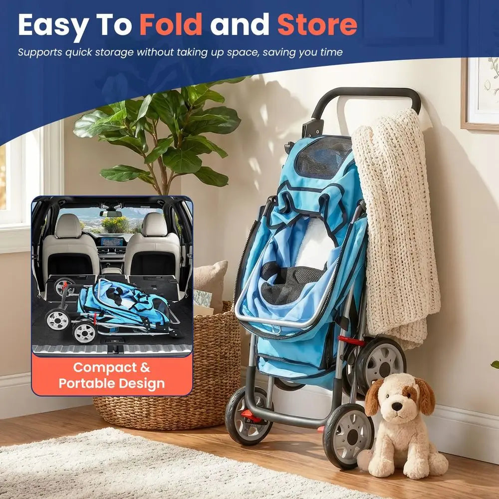 Portable 4-Wheel Pet Stroller for Cats and Dogs - Travel Carrier with Cage