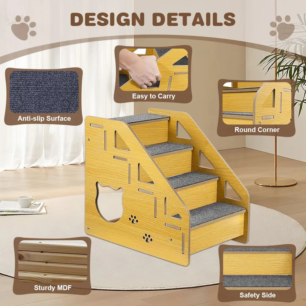 4-Step Wooden Pet Stairs Nonslip Carpeted Cat and Dog Steps Sofa Ladder Pet Furniture for Dogs and Cats for Bed