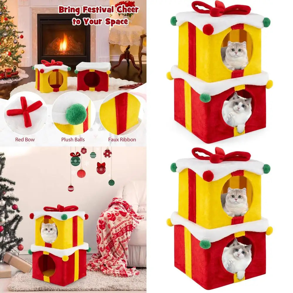 2-Story Christmas-Themed Cat Condo, Stackable Kitten Play Tower, Plush-Covered Hideaway Beds for Indoor Cats