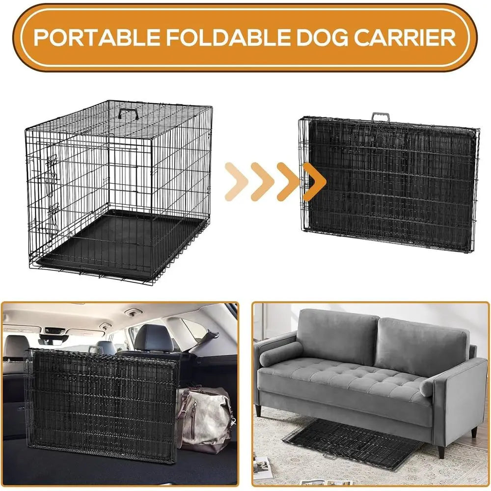 Dog Crate - Medium 36 Inch Double Door Portable Dog Cage, Metal Wire Pet Kennel with Secure Lock, Leak-Proo Pan Tray, oldable De