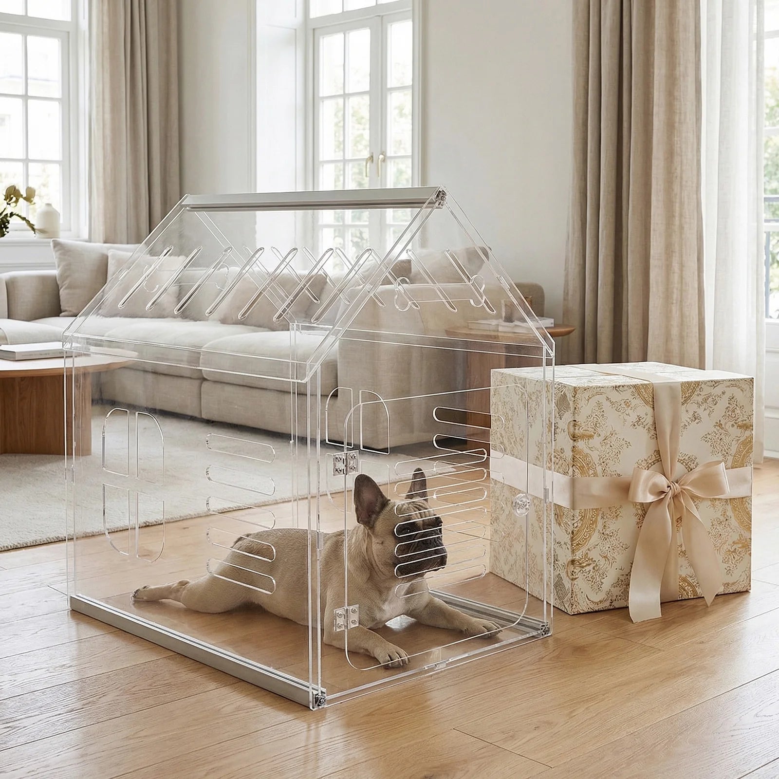 Acrylic Dog House Lockable Ventilated Modern Dogs Crate Clear Dog Playpen for Small and Medium Dogs Pets 24.02x15.75x23.62inch