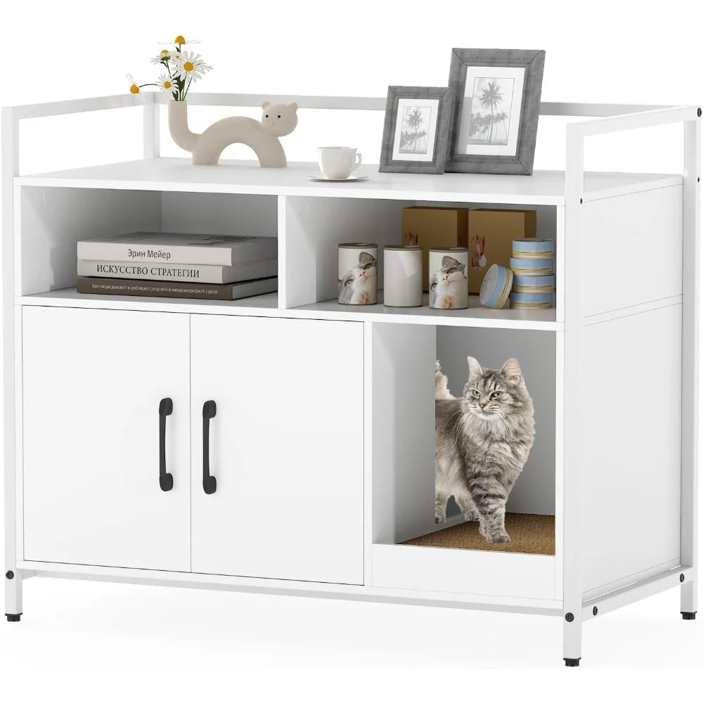 Cat Litter Box Enclosure - Cat Washroom Hidden Furniture with Front Entry, Scratcher, 2-Door Storage Cabinet, 2 Compartments