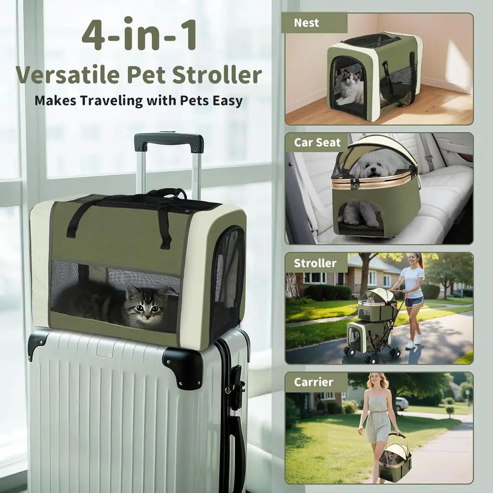 Double Pet Stroller or Dogs and Cats: Dog Stroller oldable Travel Carriage with Detachable Carriers, Saety Belts, and 4 Lockable