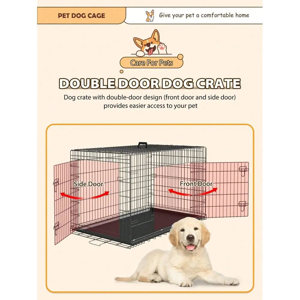 Dog 24 30 36 42 48 Crate Dog Cage Dog Kennel Metal Wire DoubleDoor Folding Pet Animal Pet Cage With Plastic Tray And Handle