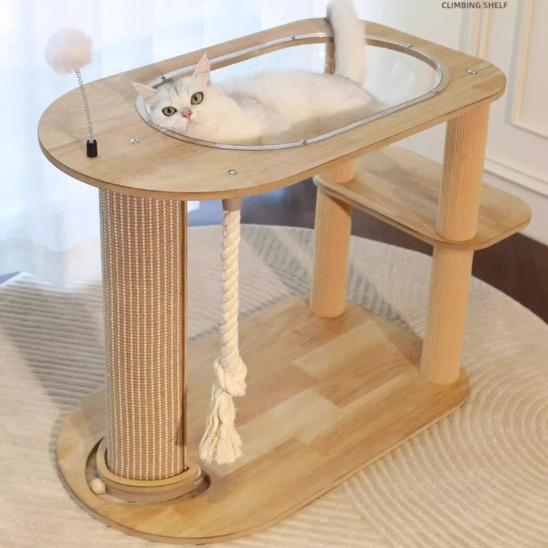 Multi-Level Cat Tree with Scratching Post Large Solid Wood Cat Tower Modern Pet Furniture for Indoor Sturdy Stable Space Capsule