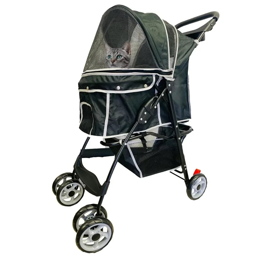 4 Wheels Pet Stroller for Small Medium Dogs Cats Portable Folding Jogger Carrier with Waterproof Material and Storage Basket Bl