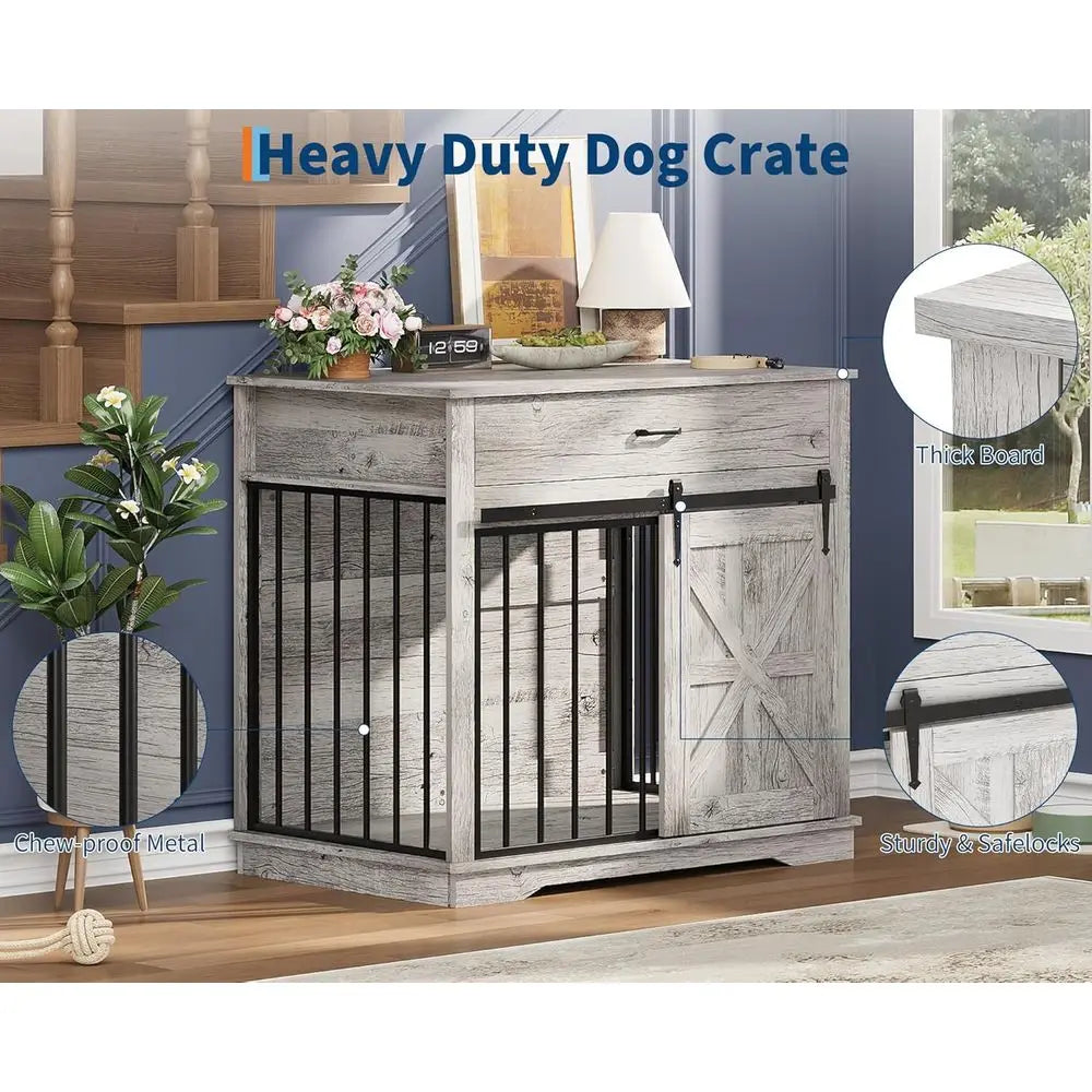 37.8 Light Gray Heavy Duty Wooden Dog Crate, Indoor Pet Kennel with Sliding Door, Suitable for Living Room or Bedroom