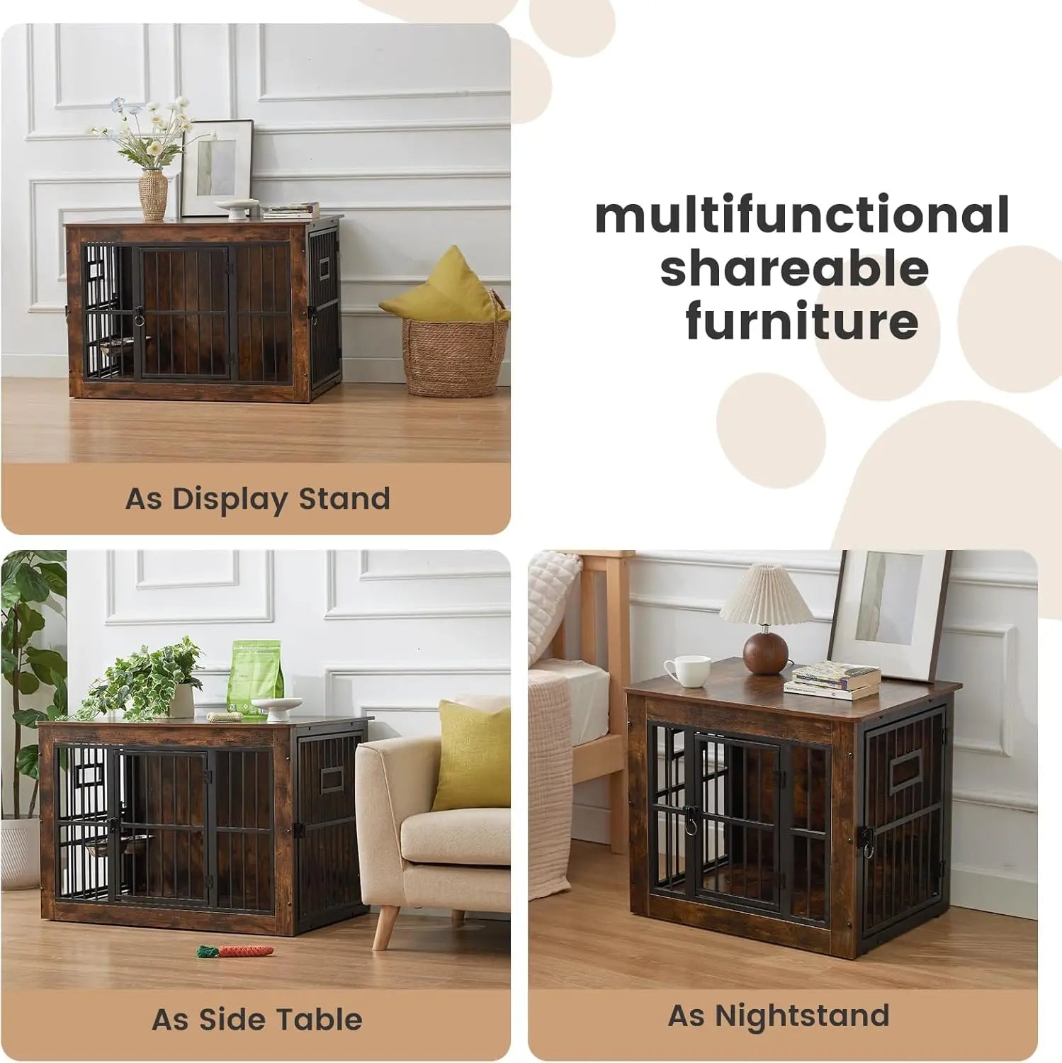 27 Inch Rustic Grey Wooden Dog Crate Furniture with 3 Doors for Small Dogs, Indoor Pet House End Table