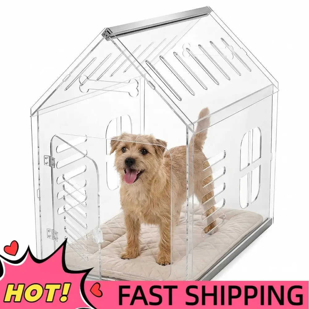 Acrylic Dog House Lockable Ventilated Modern Dogs Crate Clear Dog Playpen for Small and Medium Dogs Pets 24.02x15.75x23.62inch