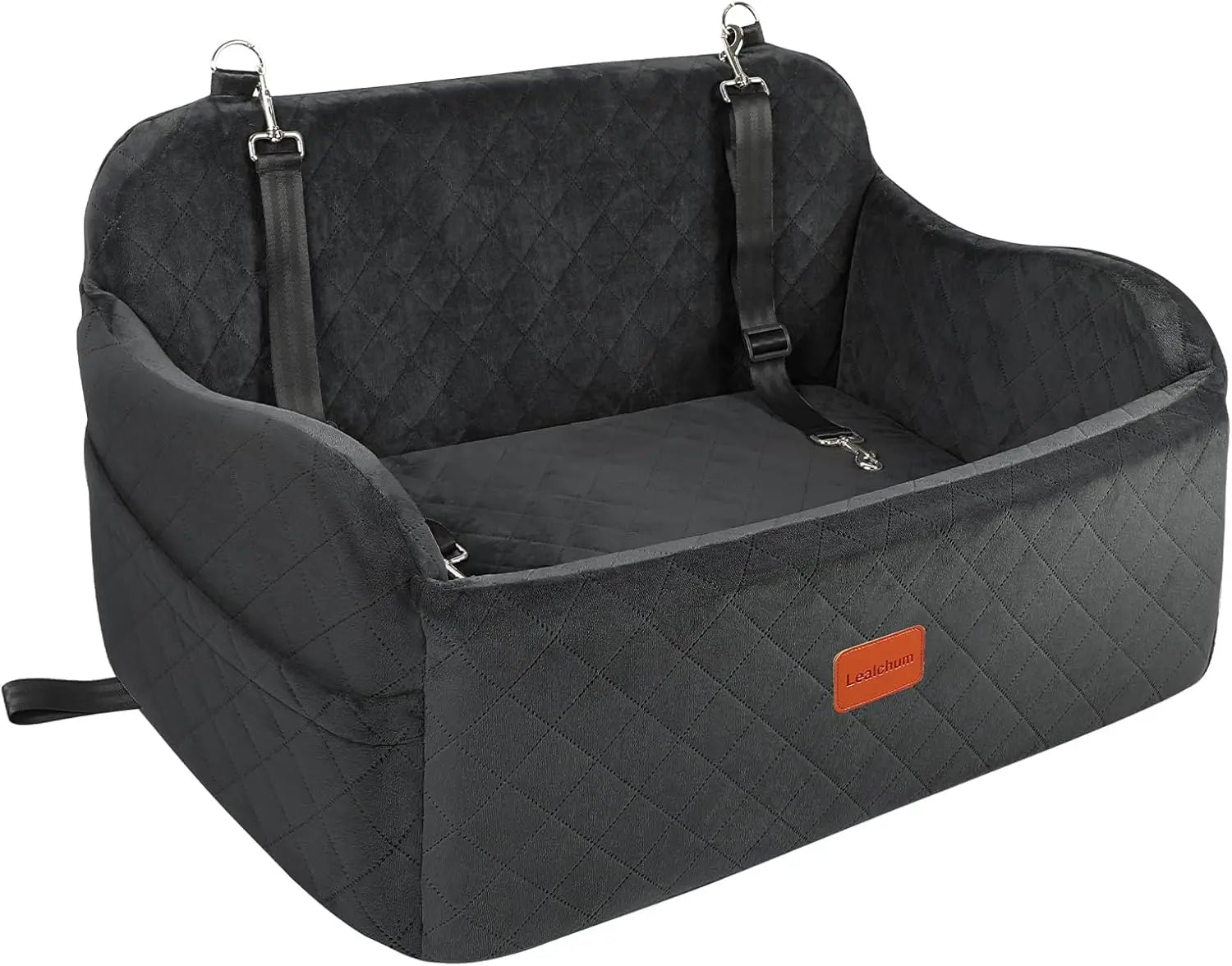 Large Memory Foam Dog Car Seat for Two Small Dogs, Comfy Bed with Side Pocket and Safety Leashes, Easy Install Black