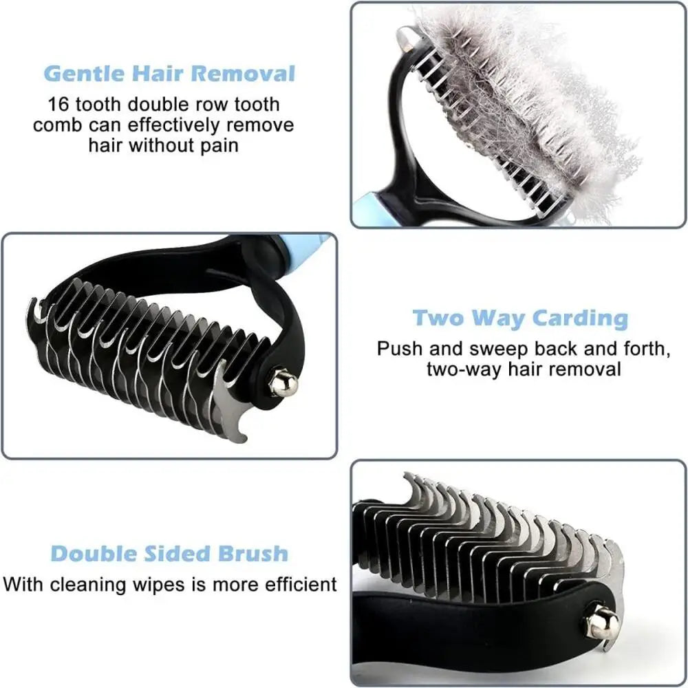 Large Blue Pet Deshedding Brush, Stainless Steel Undercoat Rake and Dematting Comb for Dogs and Cats, Grooming Tool for Fur