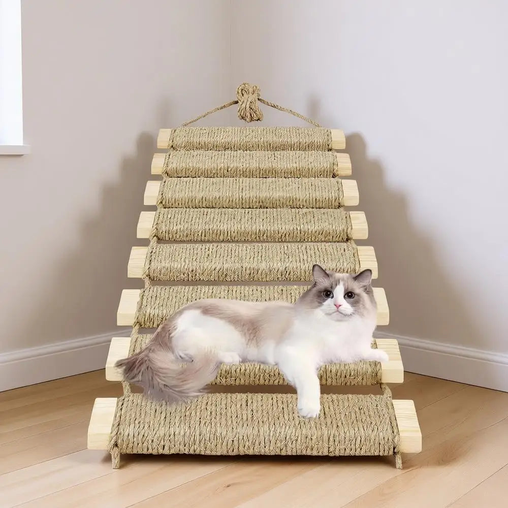 20in Cat Ladder & Bridge, Outdoor Tree with Rope, Multi-Level Climb & Scratcher for Indoor/Outdoor Cats (Wood Tone)