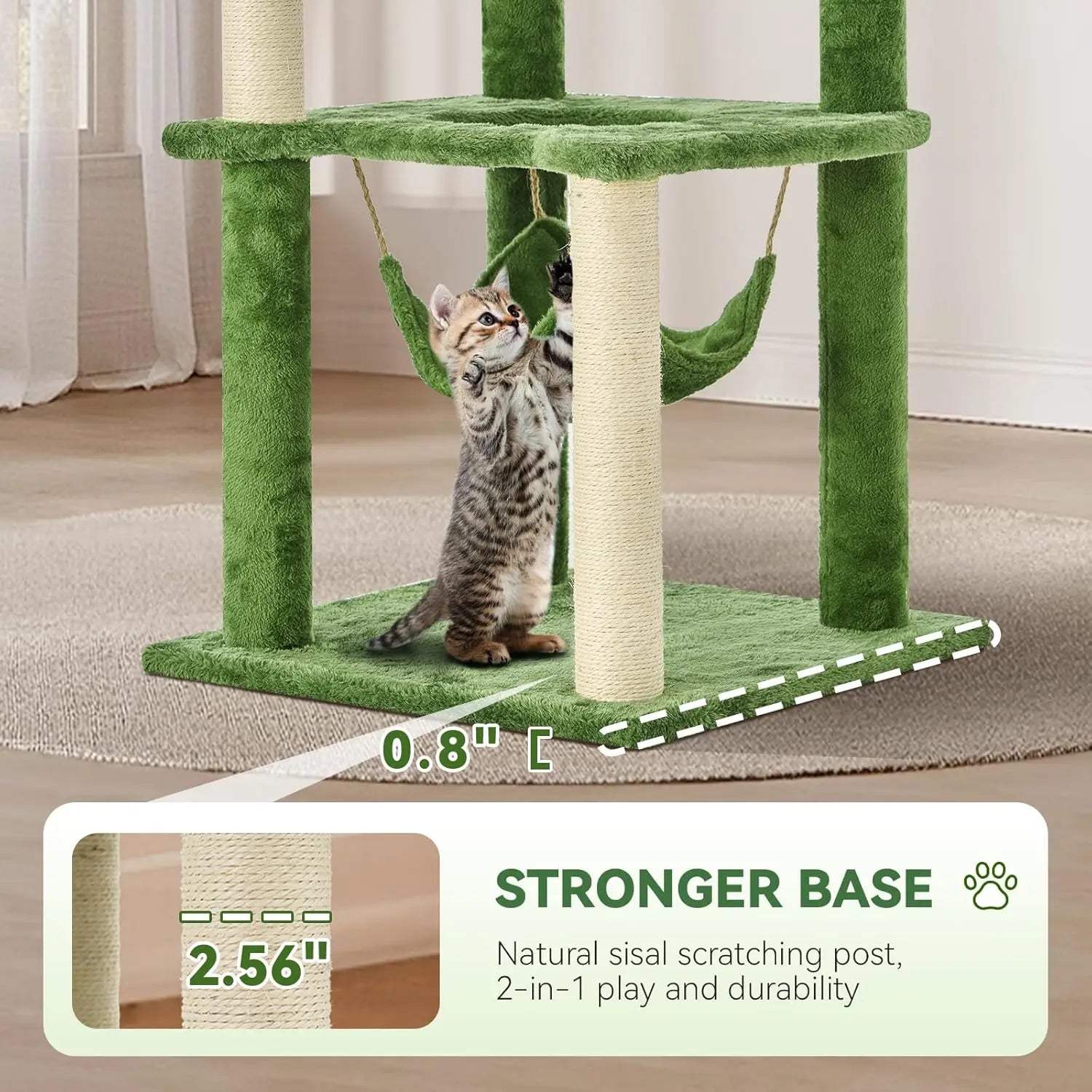 61' Cat Tree for with Green Leaves, Multi-Level Large Cat Tower with Hammock, Plush Cat House with Hang Ball Toy and Sisal