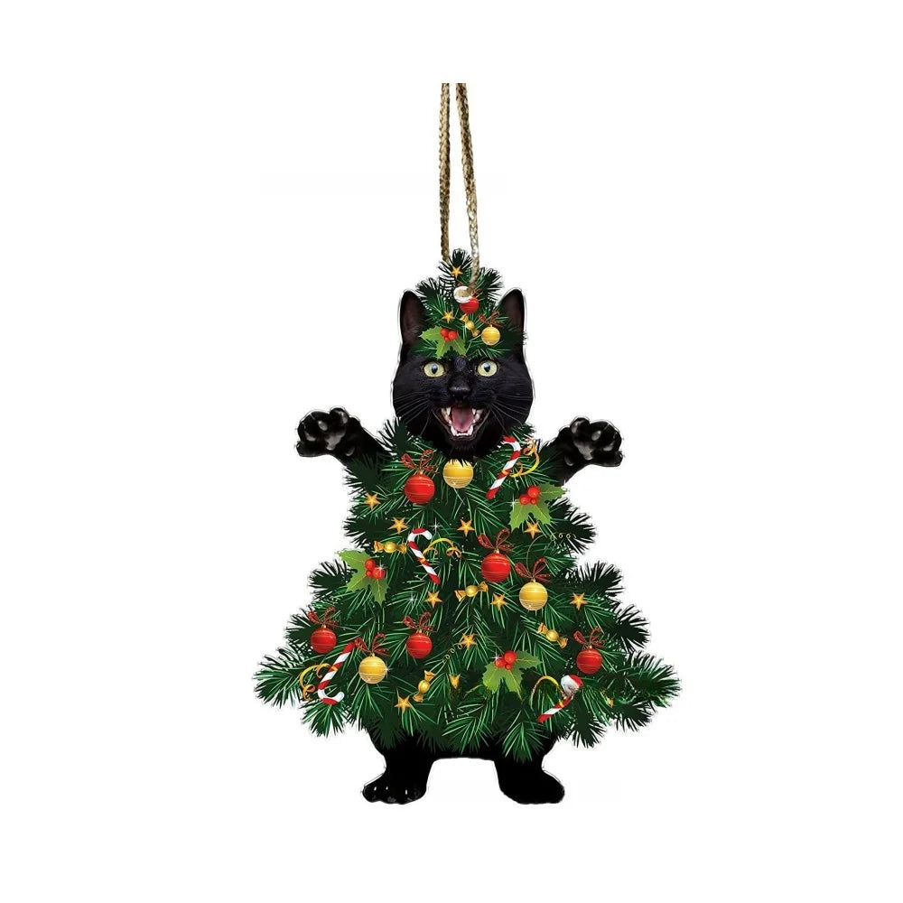 Christmas Cat Pendant Halloween Cartoon Animal Christmas Hat Acrylic Xmas Tree Ornaments 2024 New Year Natale Kerst Home Decor
