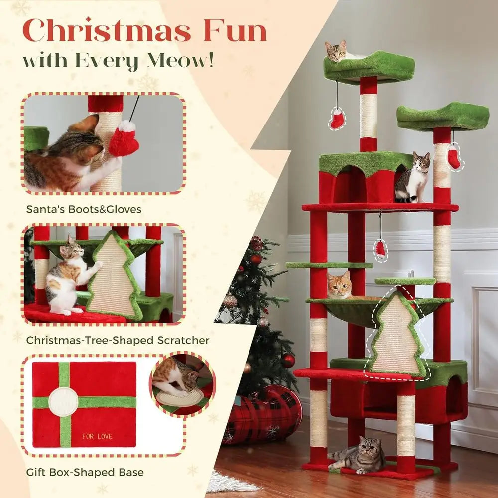 PAWZ Road Christmas Cat Tree, 72 Inches Tall Cat Tower with 2 Perches, 2 Condos and Spacious Hammock, Attractive Cat House with