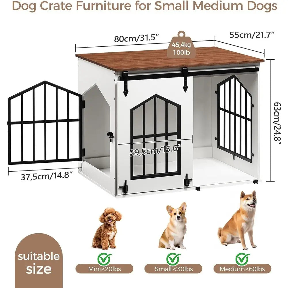 Dog Crate urniture, 31.5" armhouse Dog Kennel with Sliding Barn Door, Wooden Dog Cage or Small Medium Dogs, Decorative Pet House