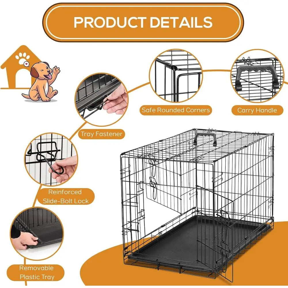 Dog Crate - Medium 36 Inch Double Door Portable Dog Cage, Metal Wire Pet Kennel with Secure Lock, Leak-Proo Pan Tray, oldable De