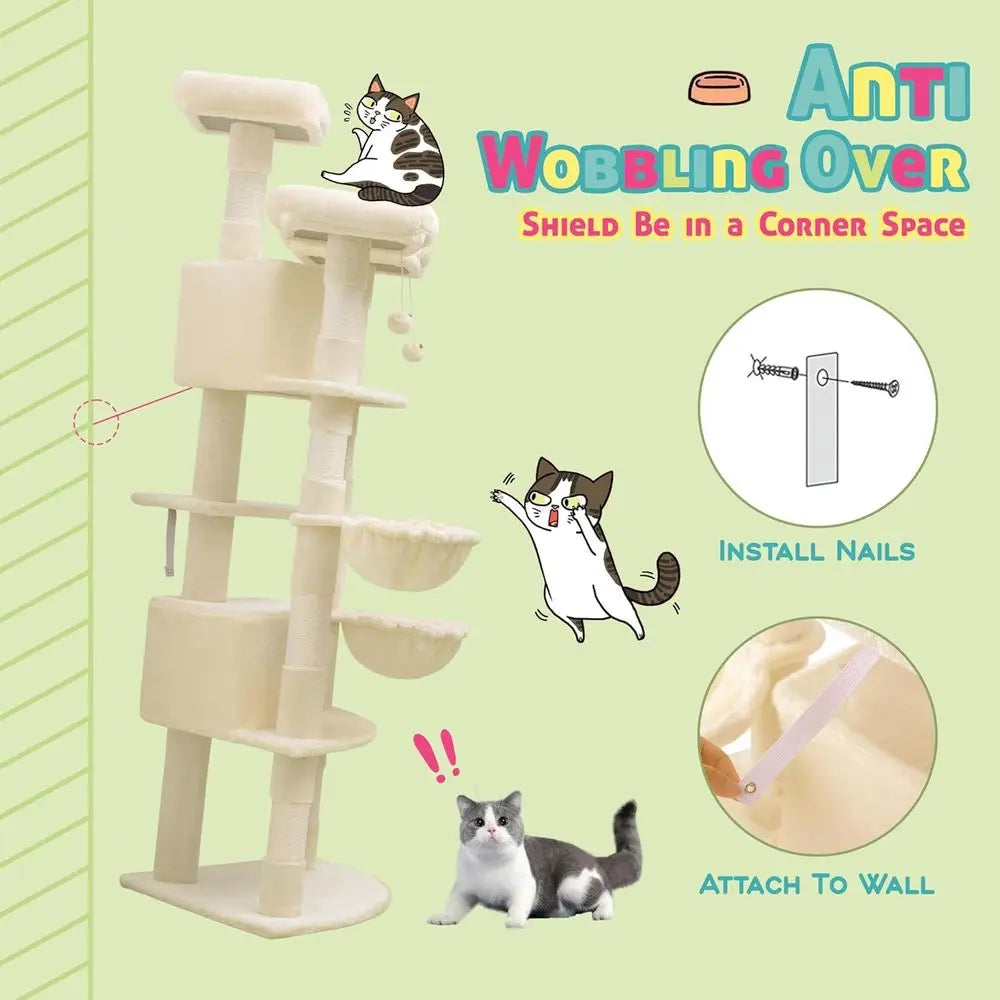 73in Fan-Shaped Corner Cat Tower for Save Space/Multi-Level Tall Cat Tree for Indoor Kitties/Condo with Baskets/Cozy Perches/Sis