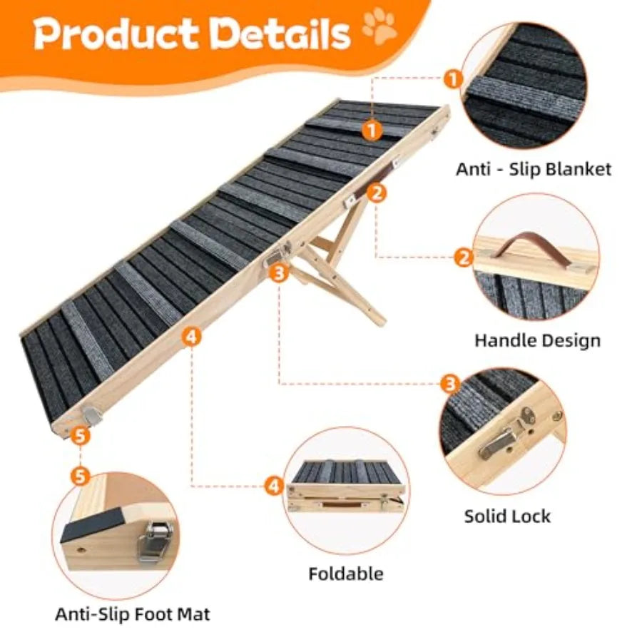 Dog Ramp for Bed-Non-Slip Extra Wide Wooden Foldable Pet Ramp for Small to Large Dogs Adjustable for Couch Car Platform Hold up