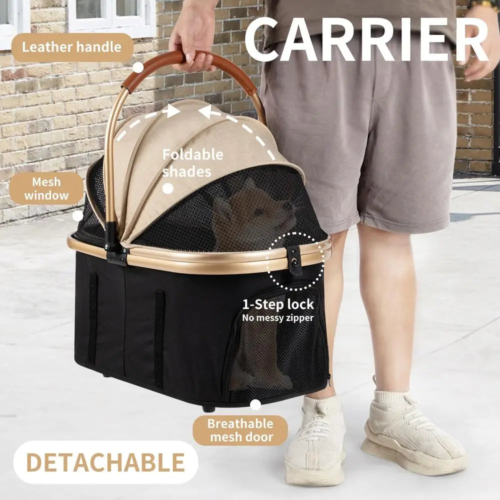 3 in 1 Pet Stroller with 4 Wheels, oldable Pet Travel Carrier or Small/Medium Dogs Cats up to 50lbs, Detachble Portable Cat Bag,