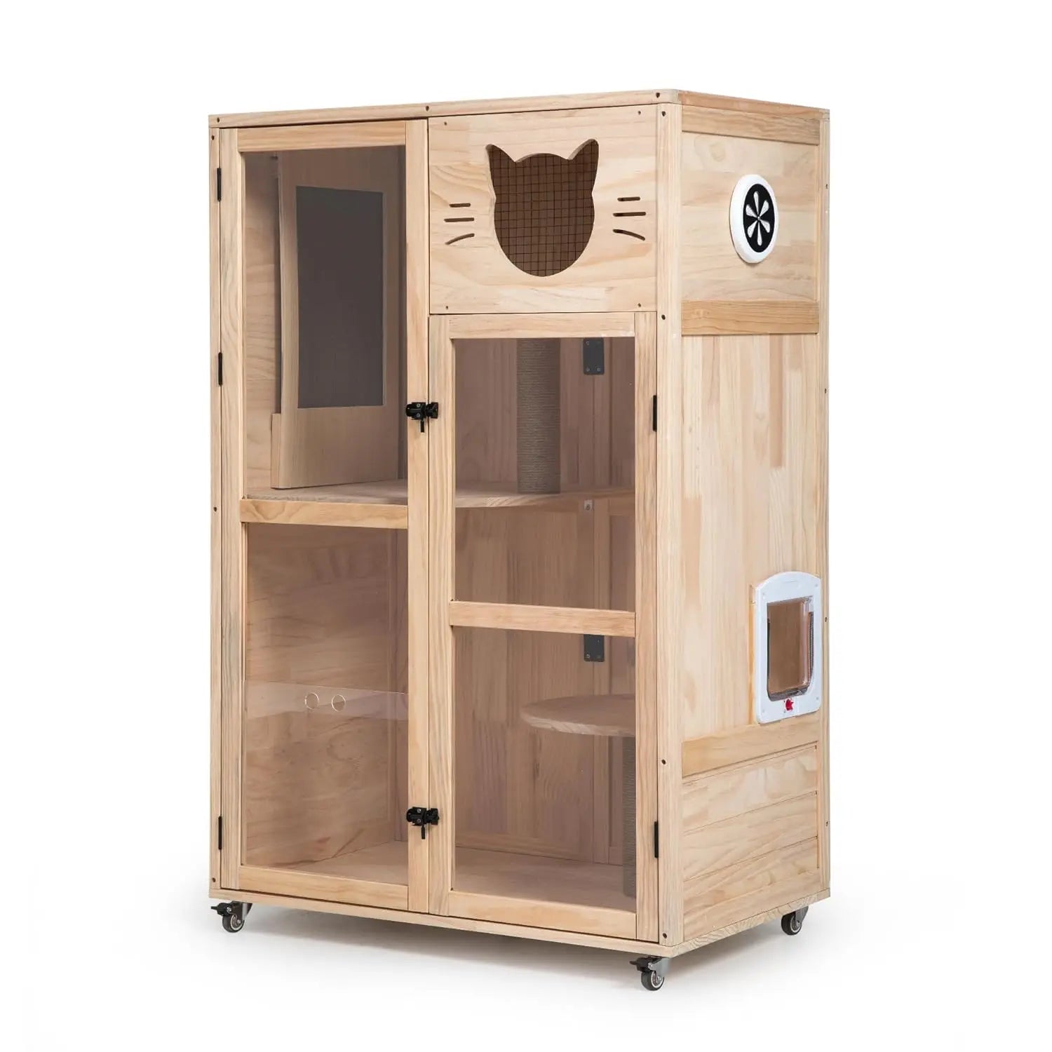 Large Wooden Cat House Condo Multi Platforms Scratchers Vent Litter Box Clear Doors Indoor Villa Wheels Natural Wood, Customized
