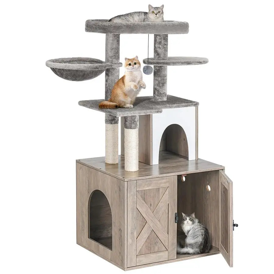 Cat Litter Box Enclosure with Tree Tower and Condo, Hidden Washroom Furniture with Sisal Scratching Post and Soft Plush Perch, W