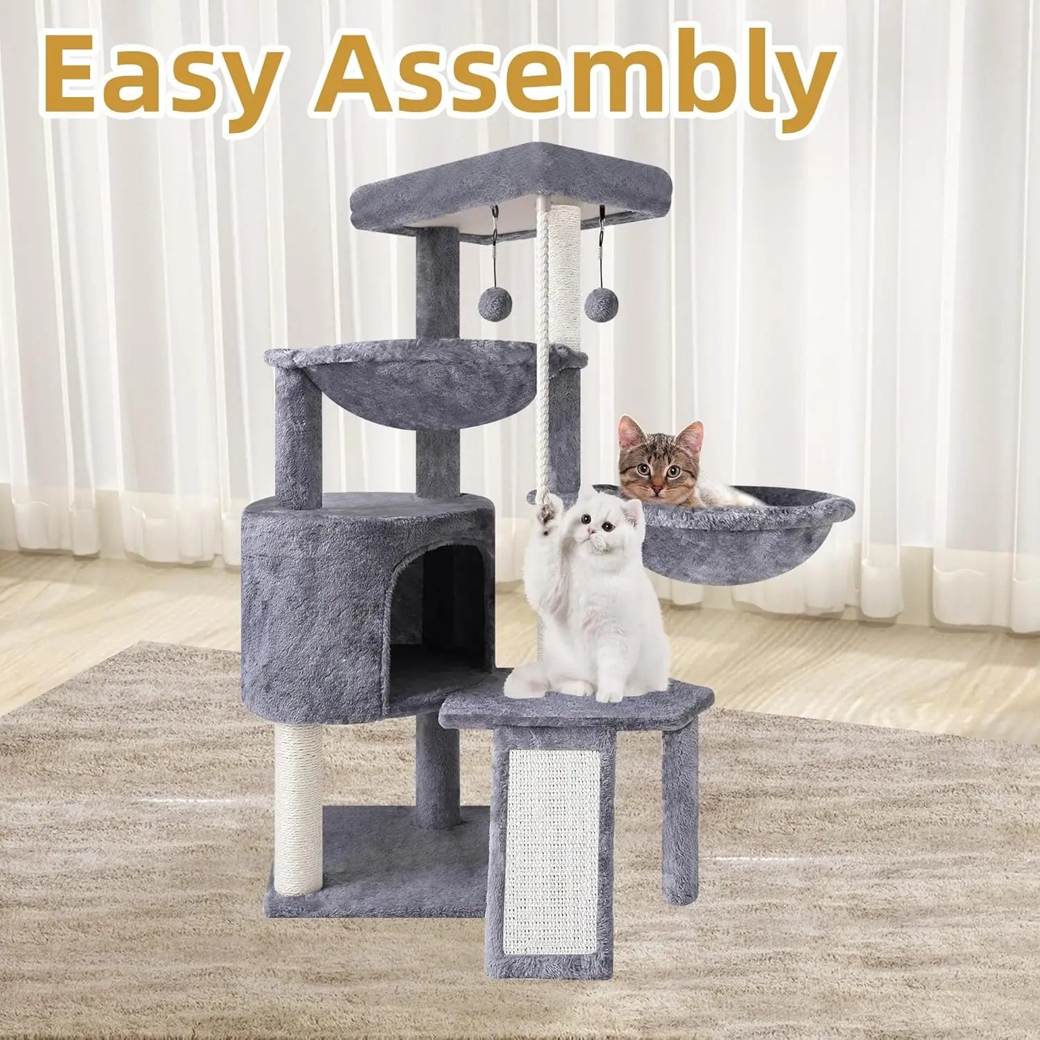 Elevated Three-Tier Cat Tree with Cozy Condo and Twin Hanging Hammocks in Soft Grey for Indoor Cats