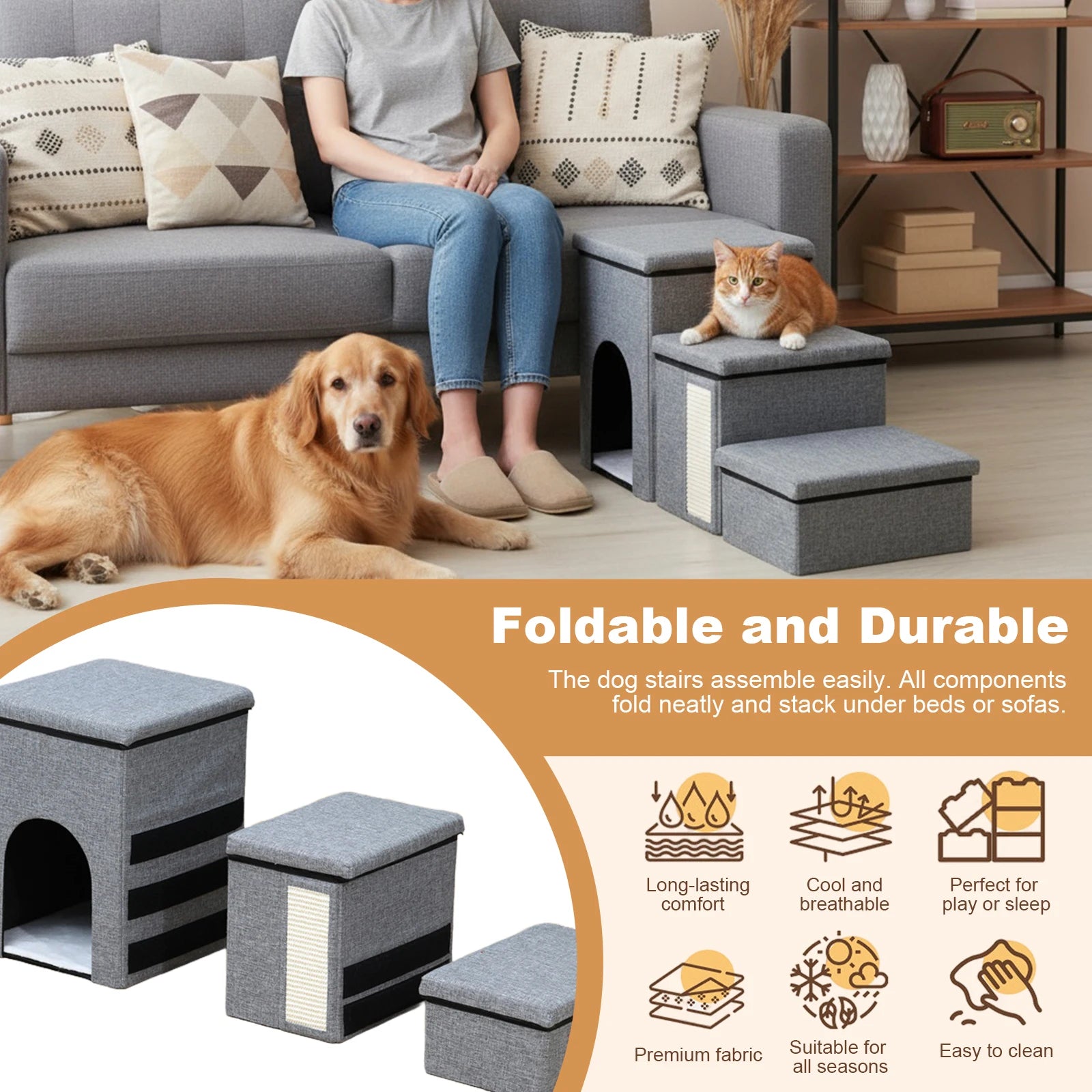 3 Levels Step Foldable Pet Stairs Anti Slip Pet Stairway Storage Box Multi-Purpose Removable Storage Organizer for Cats & Dogs