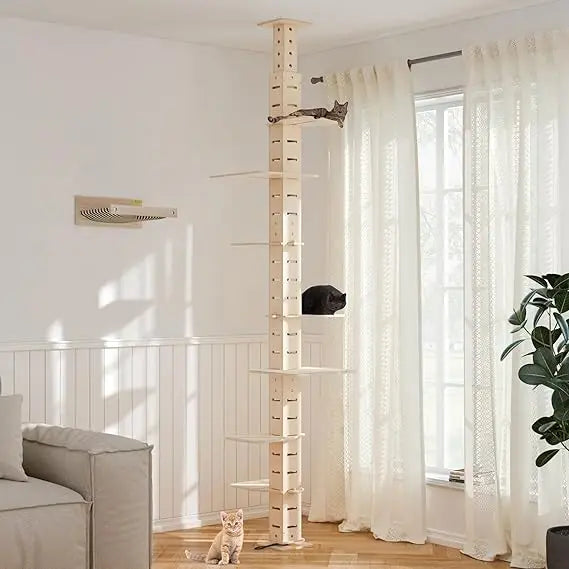 Floor to Ceiling Cat Tree Tower for Indoor Large Cats, 7 Tier Tall Cat Climbing Pole with Adjustable Height (98-114 inch)