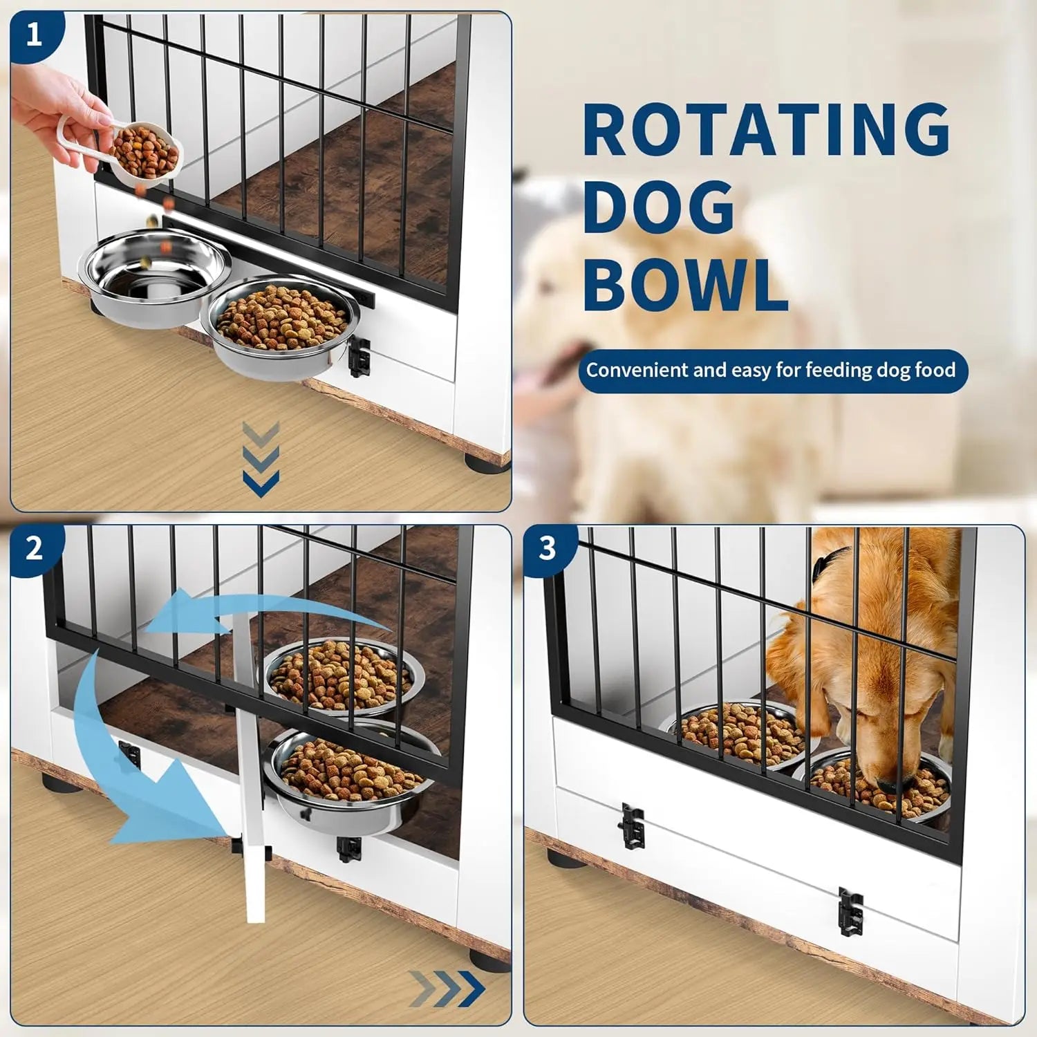 Dog Crate Furniture with Cat Tower & Shelving Unit, Wooden Dog Kennel with Dual Doors and 2 Food Bowls, Dog Cage for Indoor Use