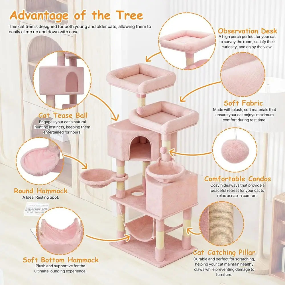 Multi-Level Cat Tower with Scratching Posts, Hammocks, Perch, and Dangling Ball - Pink