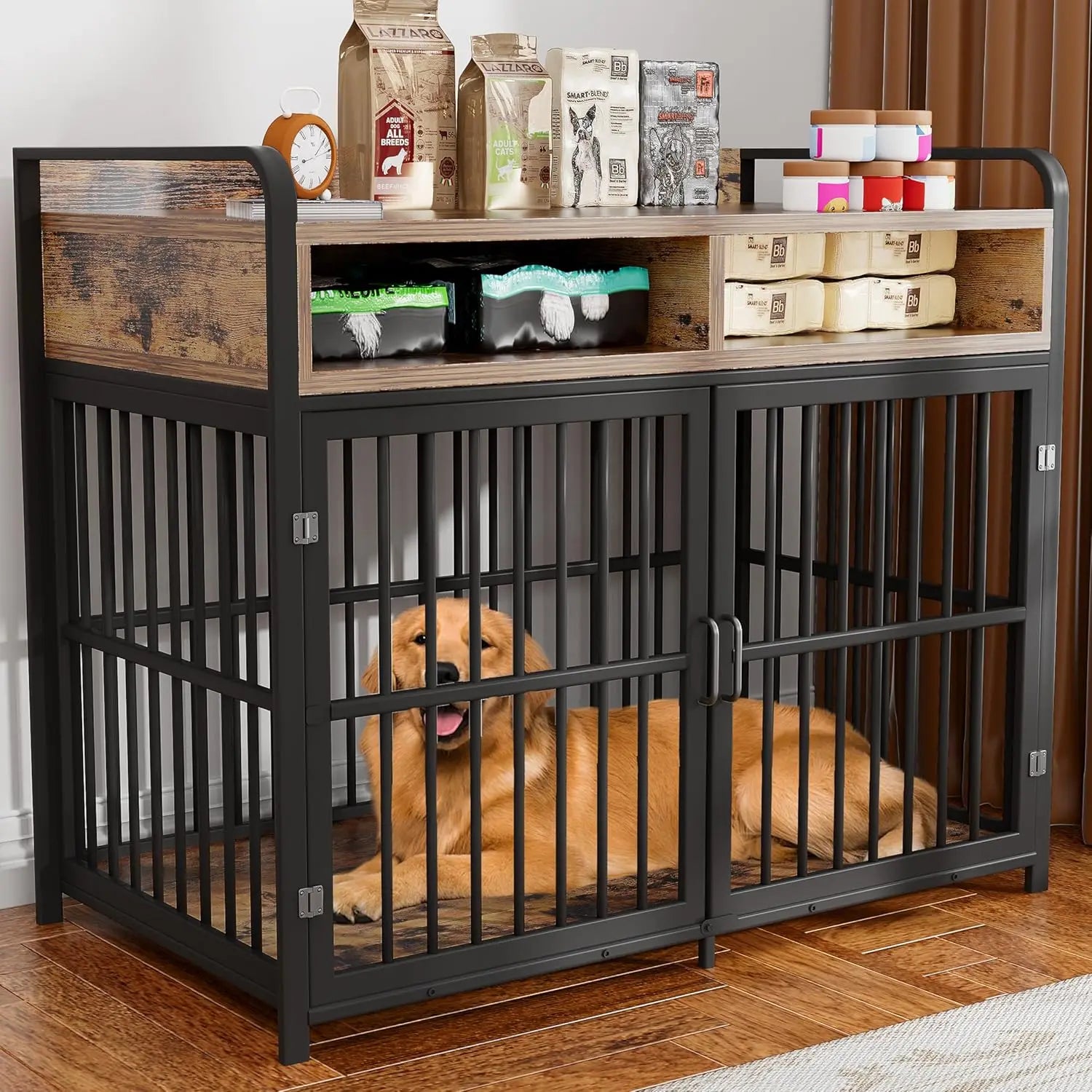 Dog Crate, Dog Kennel Indoor, Wood Dog Cage Table with Drawers Storage, Heavy Duty Dog Crate, Jaula para Perros, Sturdy Metal