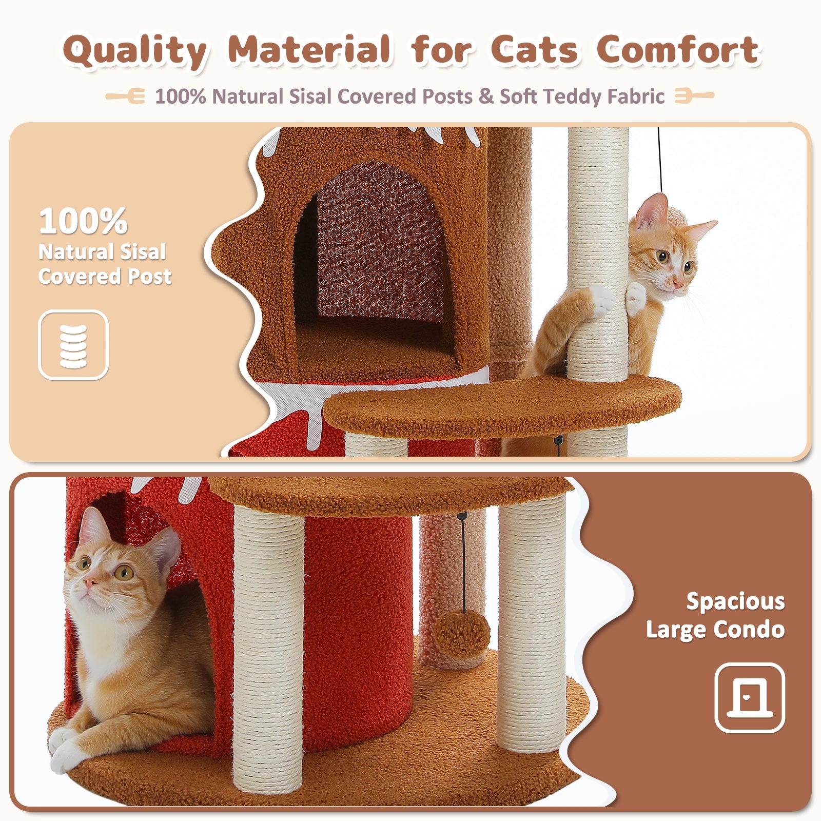 43'' Cat Tree Cat Condos Cat Tower House with Large Top Perch and Sisal Covered Scratching Posts for Indoor Cats Gift