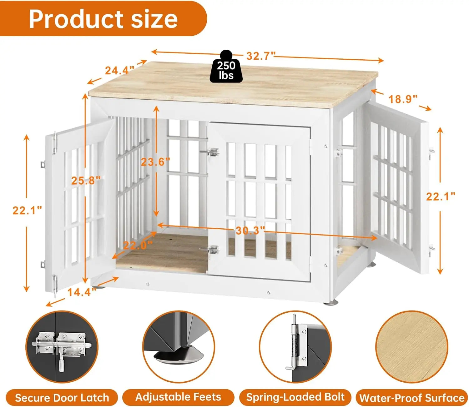 32" Heavy Duty Dog Crate Furniture for Small, Medium, Large Dogs, Rustic Wooden Kennel with Waterproof Top