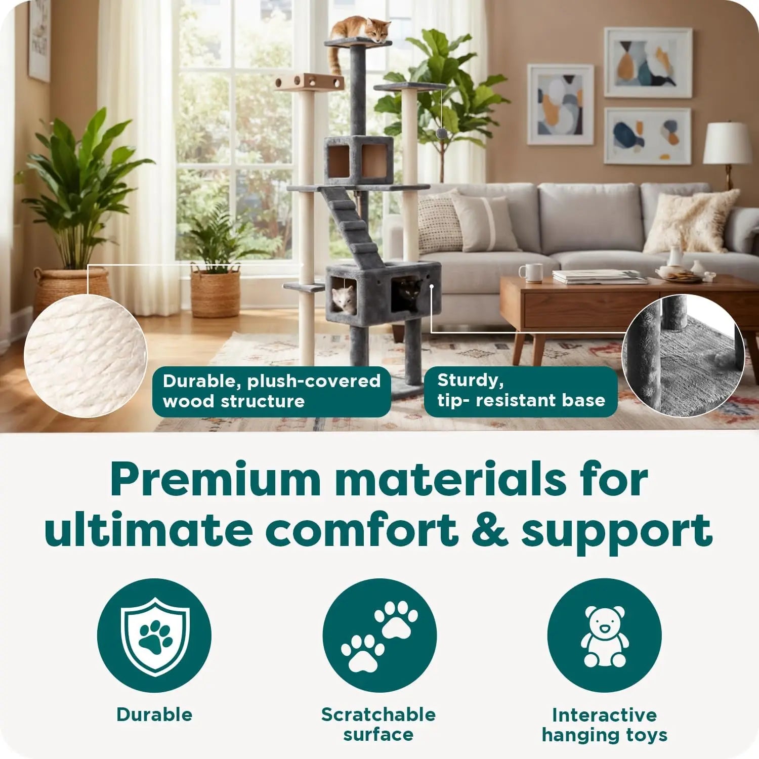 69.3" Tall Cat Scratching Post Tower with 2 Condos, Sisal Cat Tree, Toys & Perches for Indoor Cats