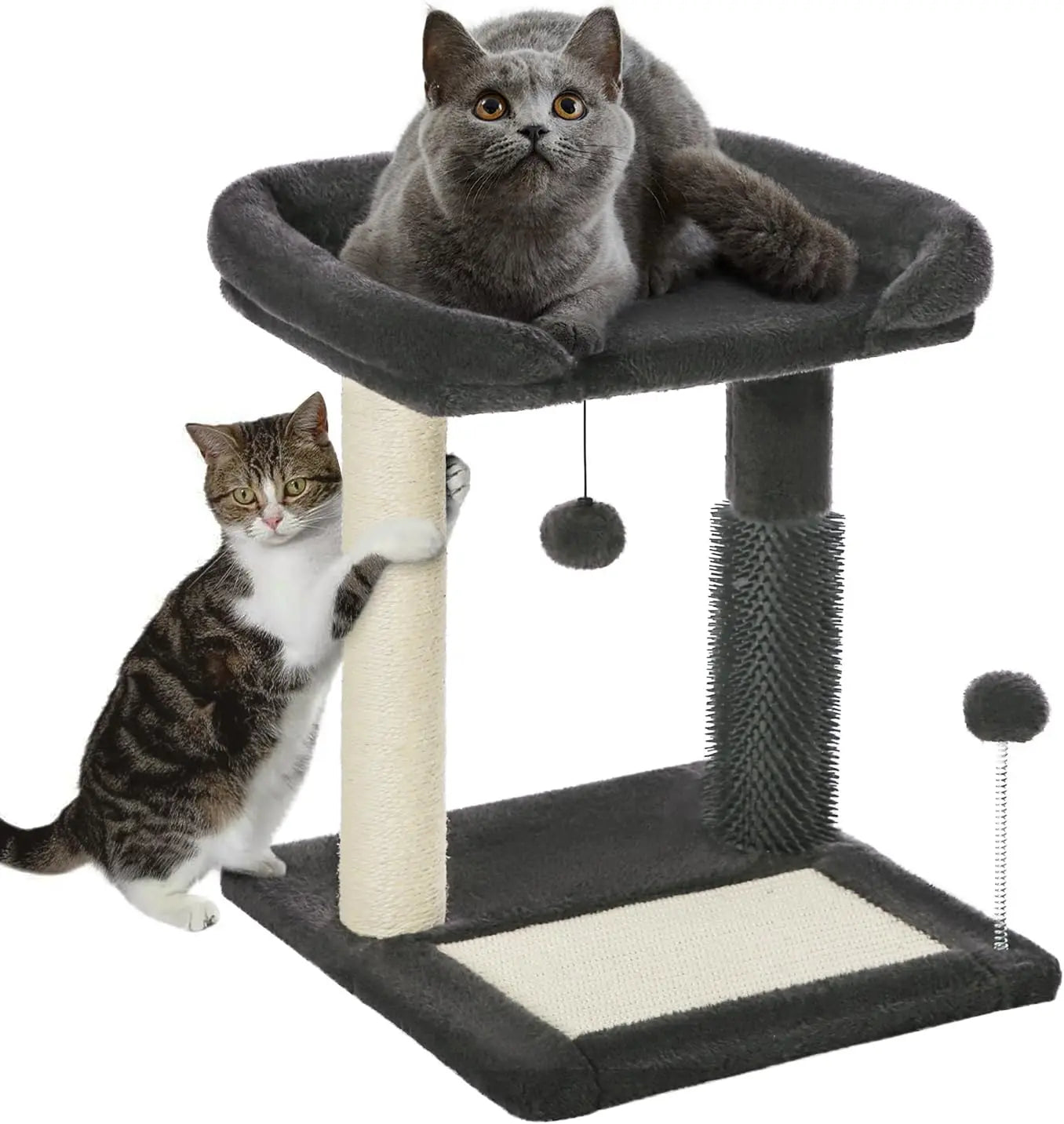 Small Cat Tree Tower with Scratching Post, Groomer Brush, Plush Bed & Dangling Ball for Indoor Kittens, Dark Grey
