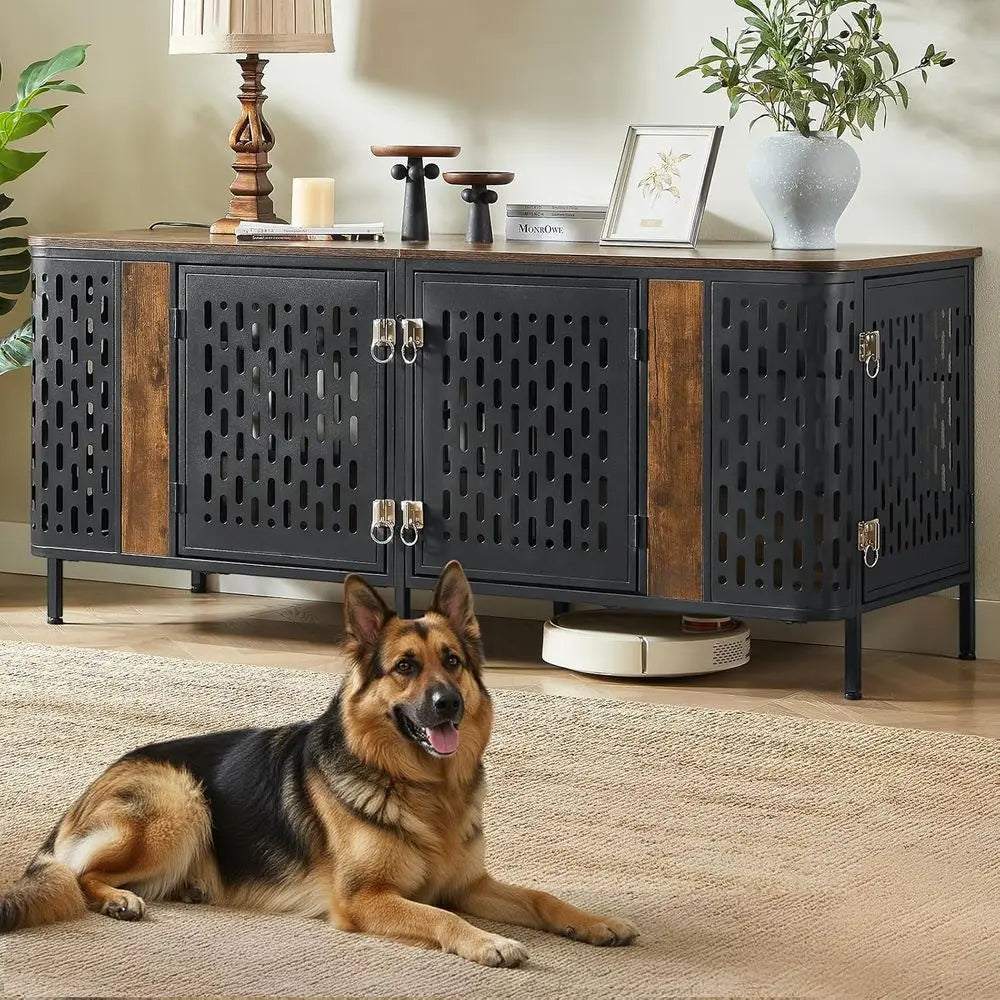 Heavy-Duty Double Dog Crate with Divider, Suitable for Medium to Large Dogs, Ideal as Indoor TV Stand, Brown