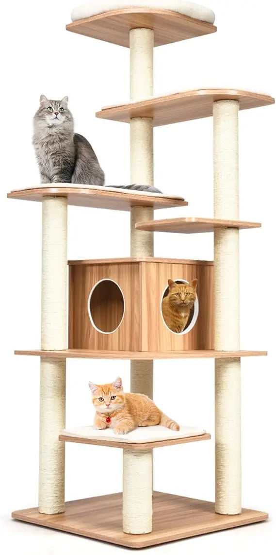 69 Inches Tall Cat Tree, Modern Wooden Cat Tower with Sisal Scratching Posts, Double-Entry Cat Condo, Multiple Jumping Platforms