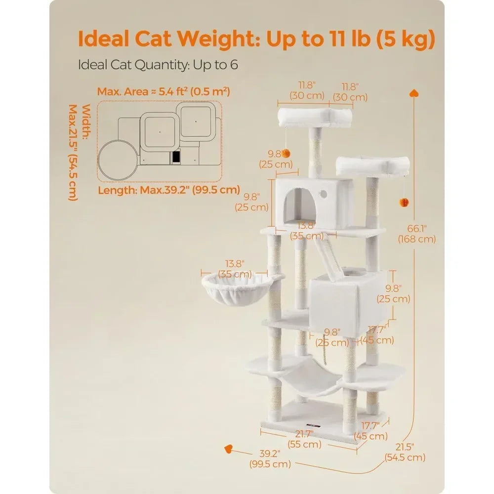 Hot salesFeandrea Cat Tree, 66.1-Inch Large Cat Tower with 13 Scratching Posts, 2 Perches, 2 Caves, Basket, Hammock, Pompoms, Mu