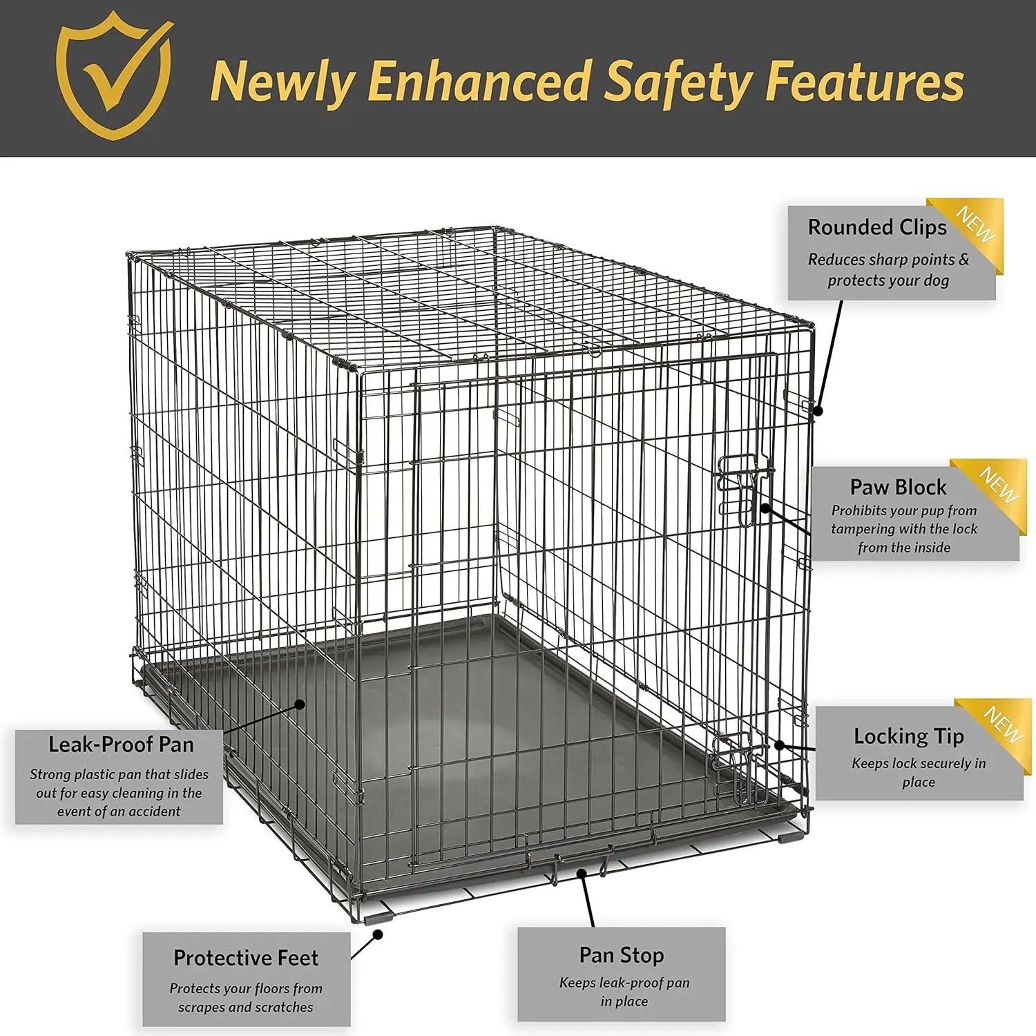 42-Inch Large Dog Crate for 71-90 lbs Breeds, Leak-Proof Tray, Easy Assembly & Durable Portable Pet Cage