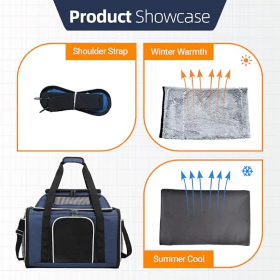 Blue Soft-Sided Pet Carrier for Large Cats Small Dogs Airline Approved with Shoulder Strap Removable Mat Breathable Soft Mesh C