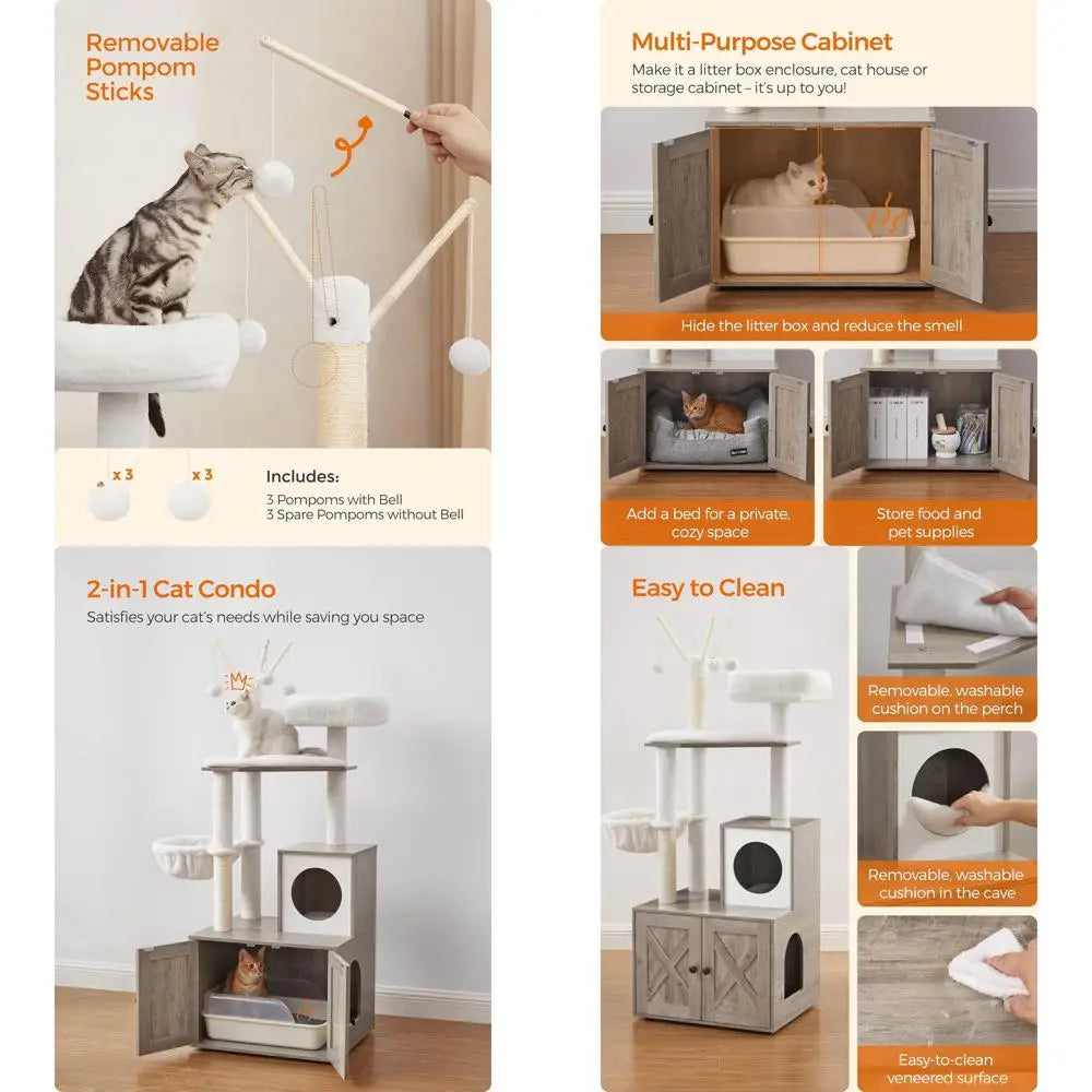 Feandrea Cat Tree with Litter Box Enclosure, 2-in-1 Modern Cat Tower, 55.1-Inch Cat Condo with Scratching Posts, Removable Pompo